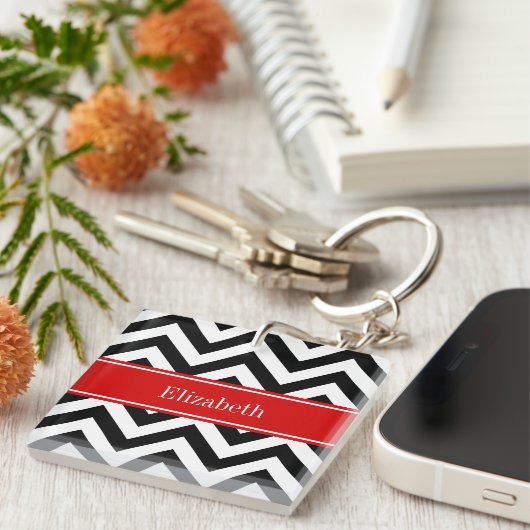 Black White LG Chevron Red Name Monogram Sleutelhanger (Voorkant Rechts)