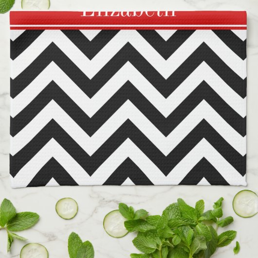 Black White LG Chevron Red Name Monogram Theedoek (Gevouwen)
