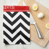 Black White LG Chevron Red Name Monogram Theedoek (Quarter Fold)