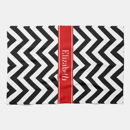 Black White LG Chevron Red Name Monogram Theedoek (Horizontaal)