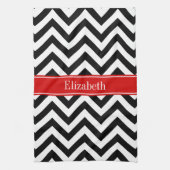 Black White LG Chevron Red Name Monogram Theedoek (Verticaal)