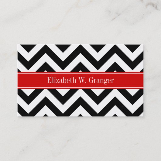 Black White LG Chevron Red Name Monogram Visitekaartje (Voorkant)
