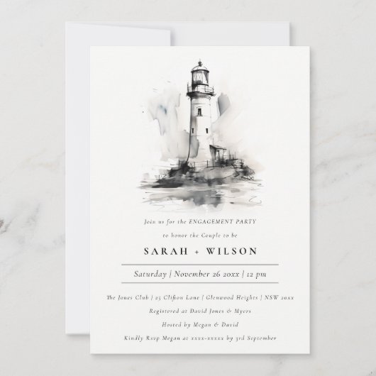 Black & White Lighthouse Coastal Sketch Verloving Kaart (Voorkant)