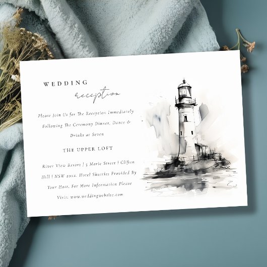 Black & White Lighthouse Kust Huwelijksreceptie Informatiekaartje