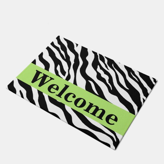 Black White Lime Green Zebra Skin Pattern Welkom Deurmat (Schuin)