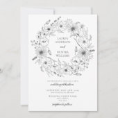 Black White Line Art Floral Wreath Wedding Kaart (Voorkant)