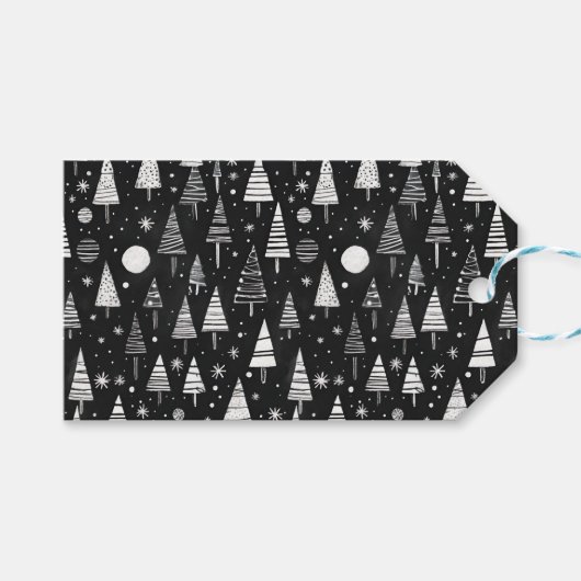 Black & White Line Art Kerstbomen & Ornamenten Cadeaulabel (Voorkant (Horizontaal))