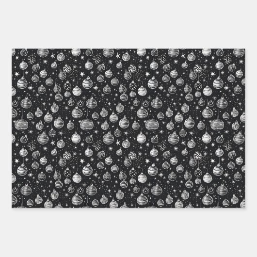 Black & White Line Art Kerstbomen & Ornamenten Inpakpapier Vel (Voorkant 2)