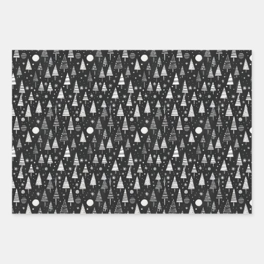 Black & White Line Art Kerstbomen & Ornamenten Inpakpapier Vel (Voorkant)