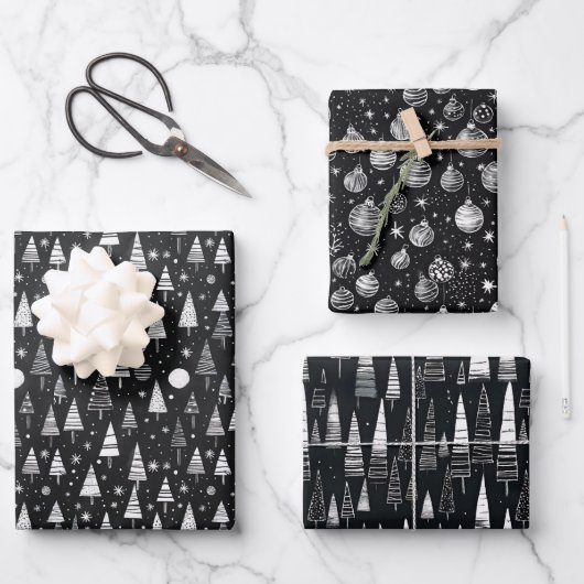 Black & White Line Art Kerstbomen & Ornamenten Inpakpapier Vel (Voorkant)