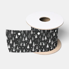 Black & White Line Art Kerstbomen & Ornamenten Satijnen Lint