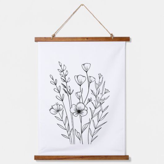 Black White Line Drawn Flowers Florals Boho Hangend Wandkleed (Voorkant)