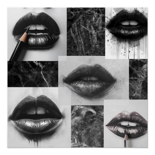 Black & White Lips Collage Glossy Poster (Voorkant)
