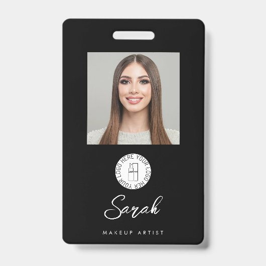 Black White Logo Photo Makeup Employee Badge (Voorkant)