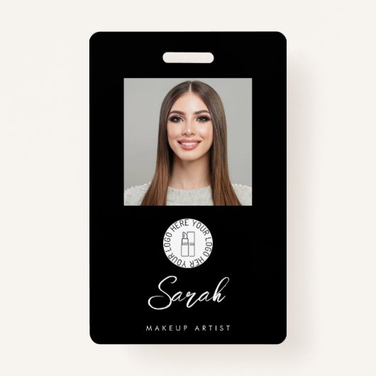 Black White Logo Photo Makeup Employee Badge (Voorkant)