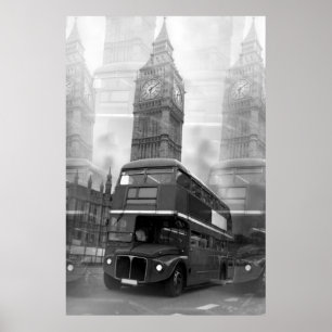 Black White London Bus Big Ben Poster
