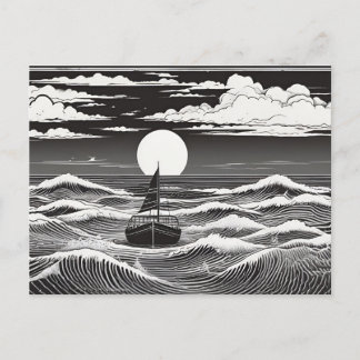 Black & White Lonely Sailboat Moon Waves Briefkaart