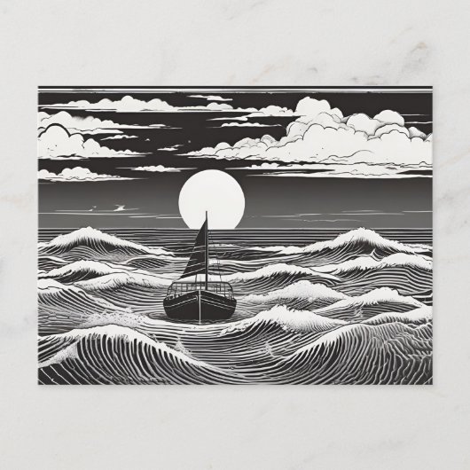 Black & White Lonely Sailboat Moon Waves Briefkaart (Voorkant)