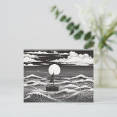 Black & White Lonely Sailboat Moon Waves Briefkaart (Staand voorkant)