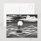 Black & White Lonely Sailboat Moon Waves Briefkaart (Voorkant / Achterkant)