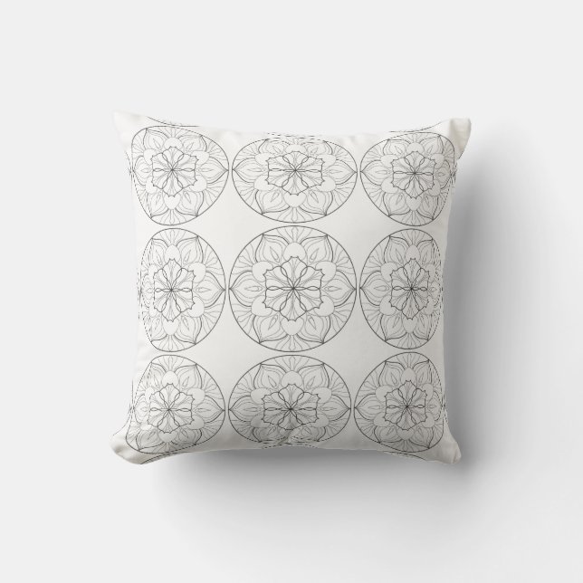 Black White Mandala Circle Flowers Pattern Pillow Kussen (Voorkant)