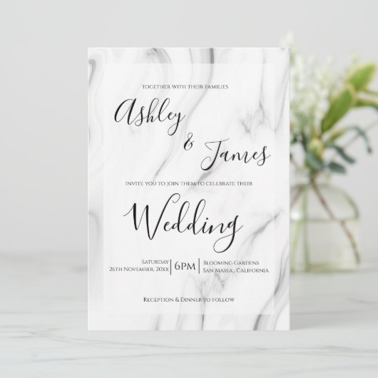 Black White Marble Elegant Script Wedding Invite Kaart (Staand voorkant)
