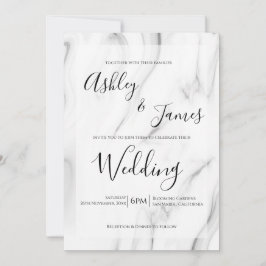 Black White Marble Elegant Script Wedding Invite Kaart
