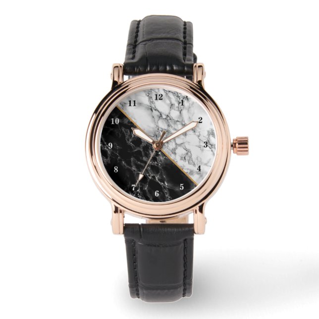 Black White Marble Stone Horloge (Voorkant)