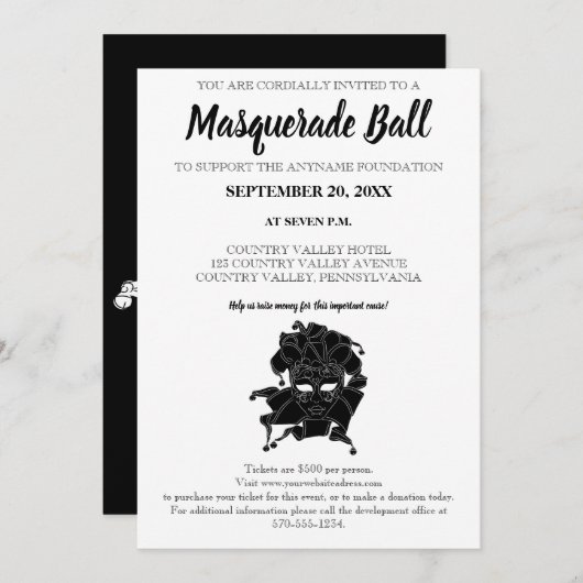Black & White Masquerade Ball Fundraiser Gala Kaart (Voorkant / Achterkant)