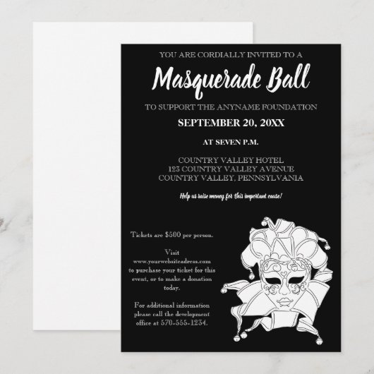 Black & White Masquerade Ball Fundraiser Gala Kaart (Voorkant / Achterkant)