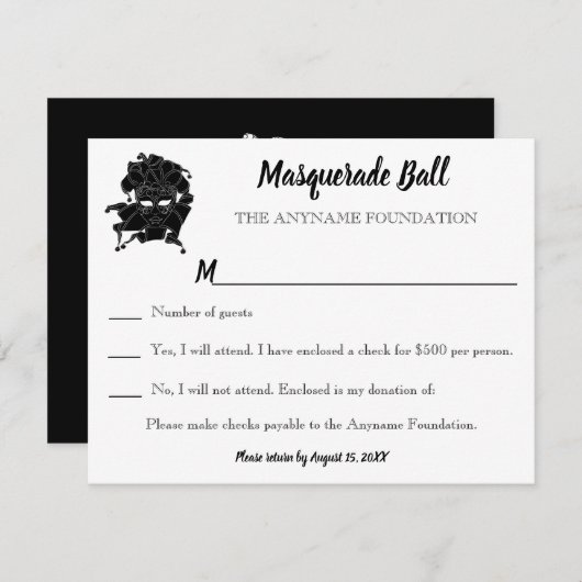 Black & White Masquerade Ball Fundraiser Gala RSVP Kaart (Voorkant / Achterkant)