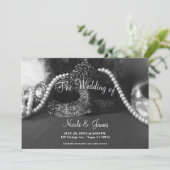 Black & White Masquerade Mask Pearls Wedding Kaart (Staand voorkant)