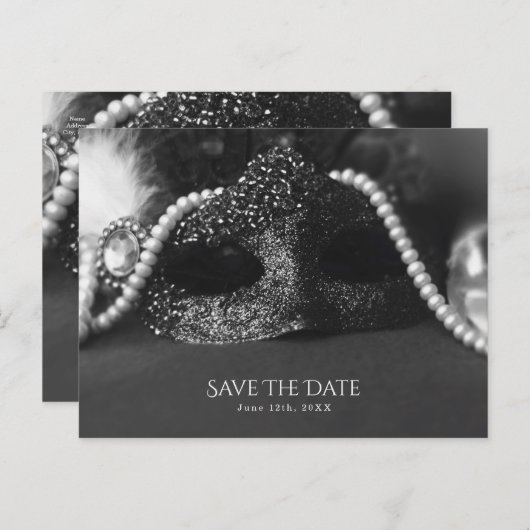 Black & White Masquerade Parels Bewaar de datum Aankondigingskaart (Voorkant / Achterkant)