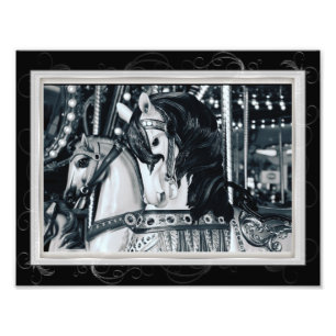 Black White Merry Go Round Carrousel Paarden Foto Foto Afdruk