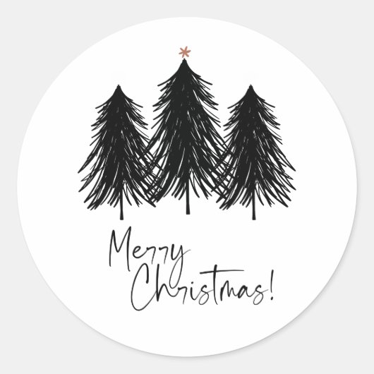 Black White Merry kerstbomen Holiday Ronde Sticker (Voorkant)