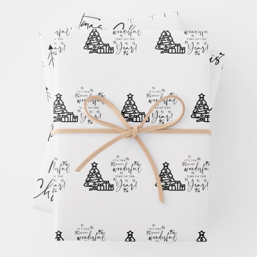 Black White Merry-kerstbomen Quote-cadeautje Inpakpapier Vel (In situ)