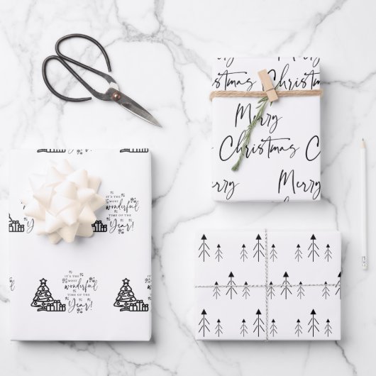 Black White Merry-kerstbomen Quote-cadeautje Inpakpapier Vel (Voorkant)