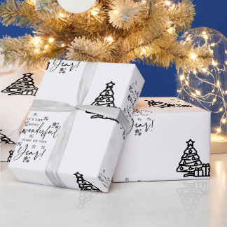 Black White Merry kerstbomen Quote Gift Wrapp Cadeaupapier