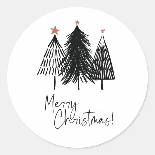 Black White Merry kerstbomen Star Ronde Sticker (Voorkant)