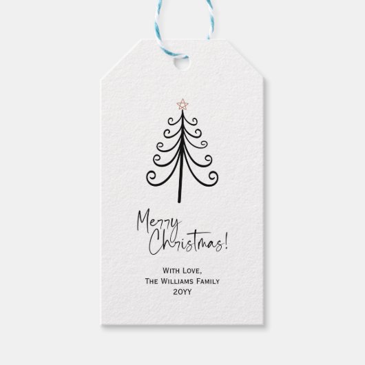 Black White Merry-kerstboom - Labels met cadeaus Cadeaulabel (Voorkant)