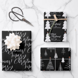 Black White Merry kerstboomnaam ompakken Inpakpapier Vel