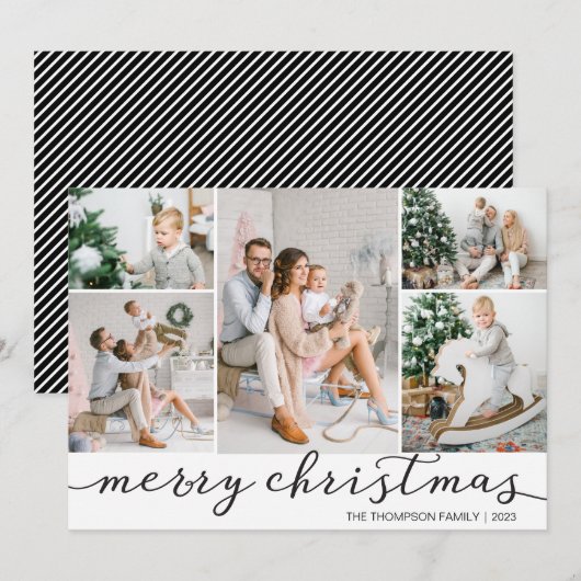 Black White Merry-kerstfotokaart Vijf foto's Feestdagenkaart (Voorkant / Achterkant)