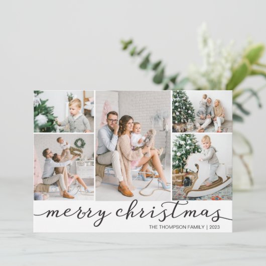 Black White Merry-kerstfotokaart Vijf foto's Feestdagenkaart (Staand voorkant)