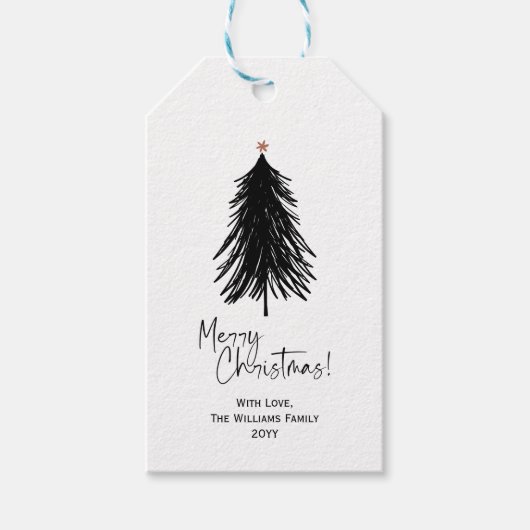 Black White Merry Simple kerstboom Gift Labels Cadeaulabel (Voorkant)
