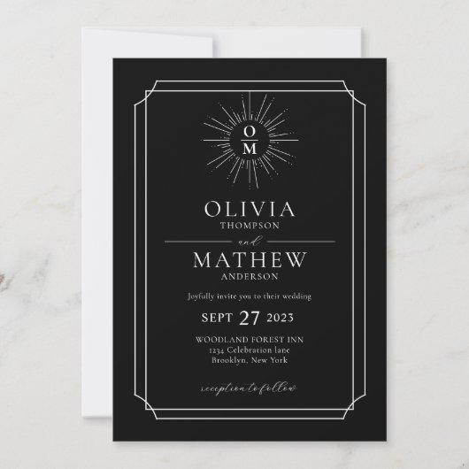 Black White Mid Century 70s Monogram Photo Wedding Kaart (Voorkant)