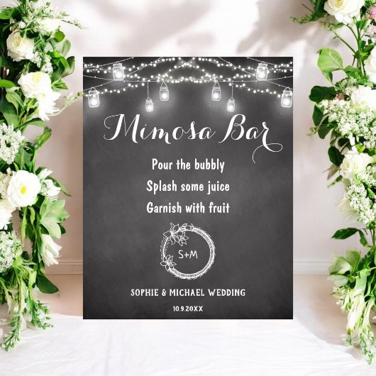 Black White Mimosa Bar String Lights Poster