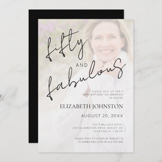 Black White Minimal Photo 50 and Fabulous Birthday Kaart (Voorkant / Achterkant)
