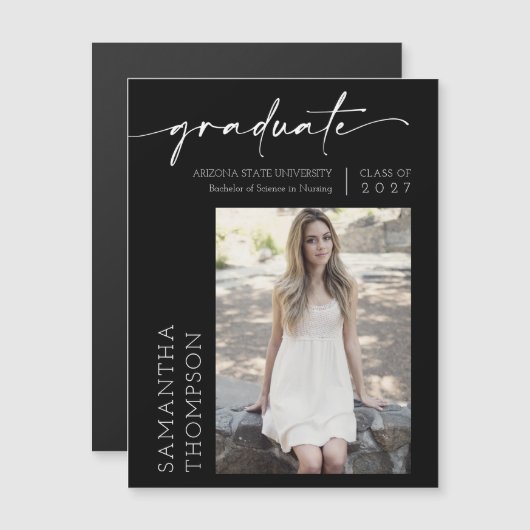 Black White Minimal Script Photo Afstuderen Magnet (Voorkant / Achterkant)