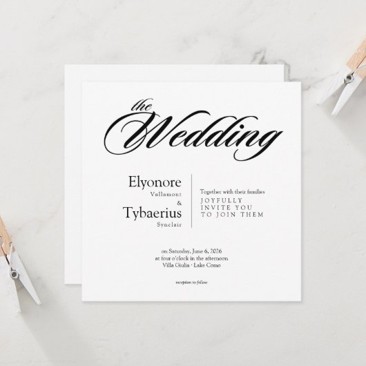 Black & White Minimal Square Wedding Invitation Kaart (Voorkant / Achterkant in situ)