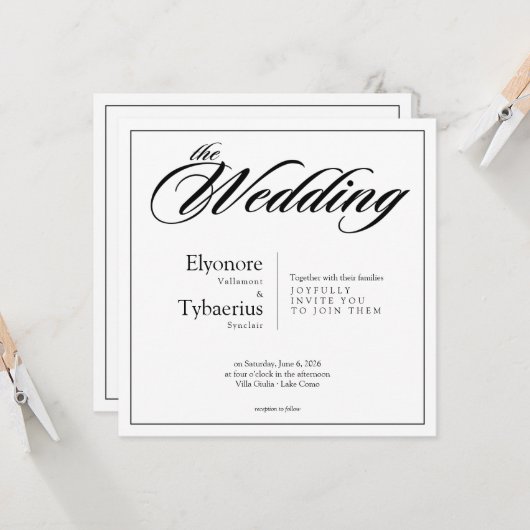 Black & White Minimal Square Wedding Invitation Kaart (Voorkant / Achterkant in situ)